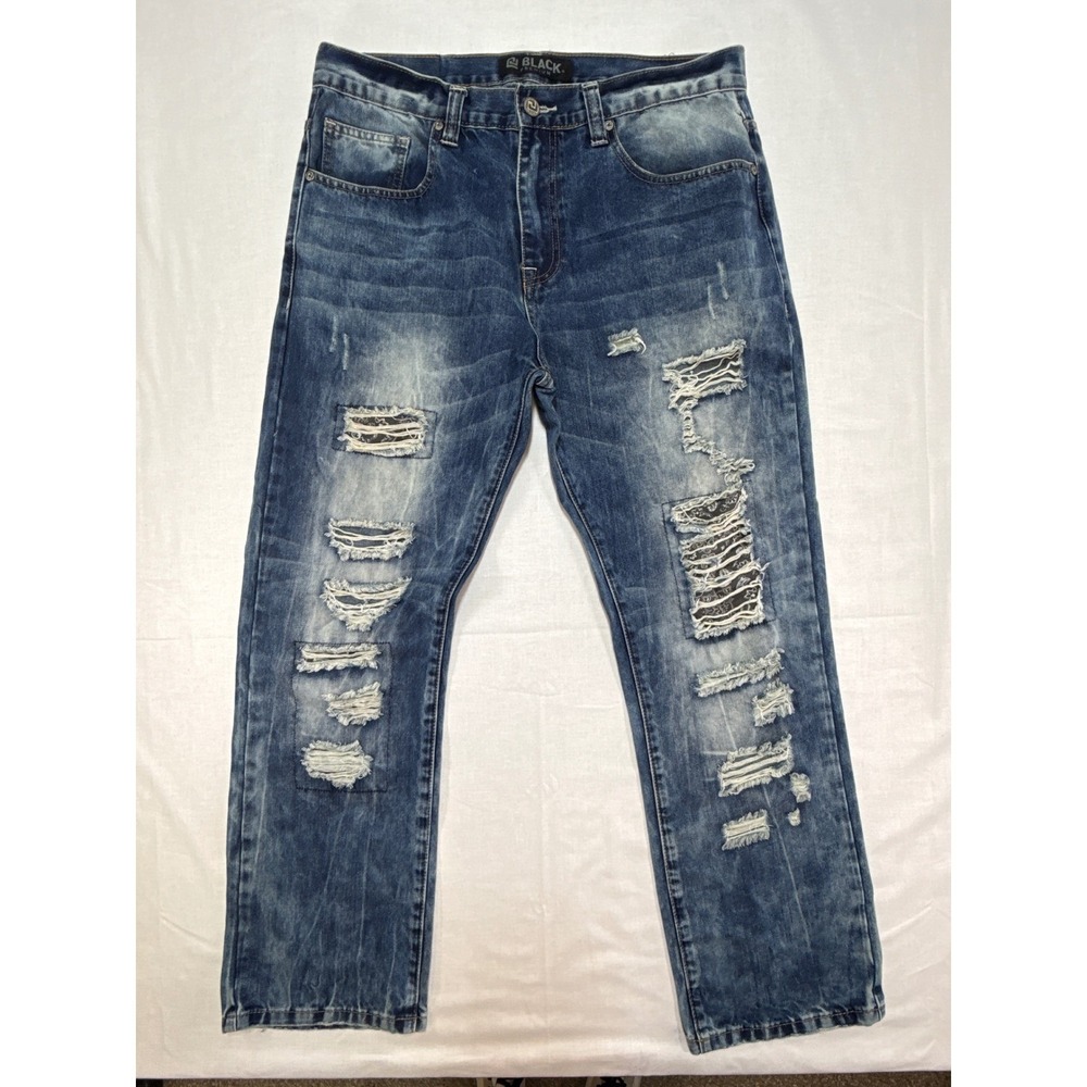 Black Premium Mens Distressed Ripped Straight Leg Jeans Blue Wash 34x30